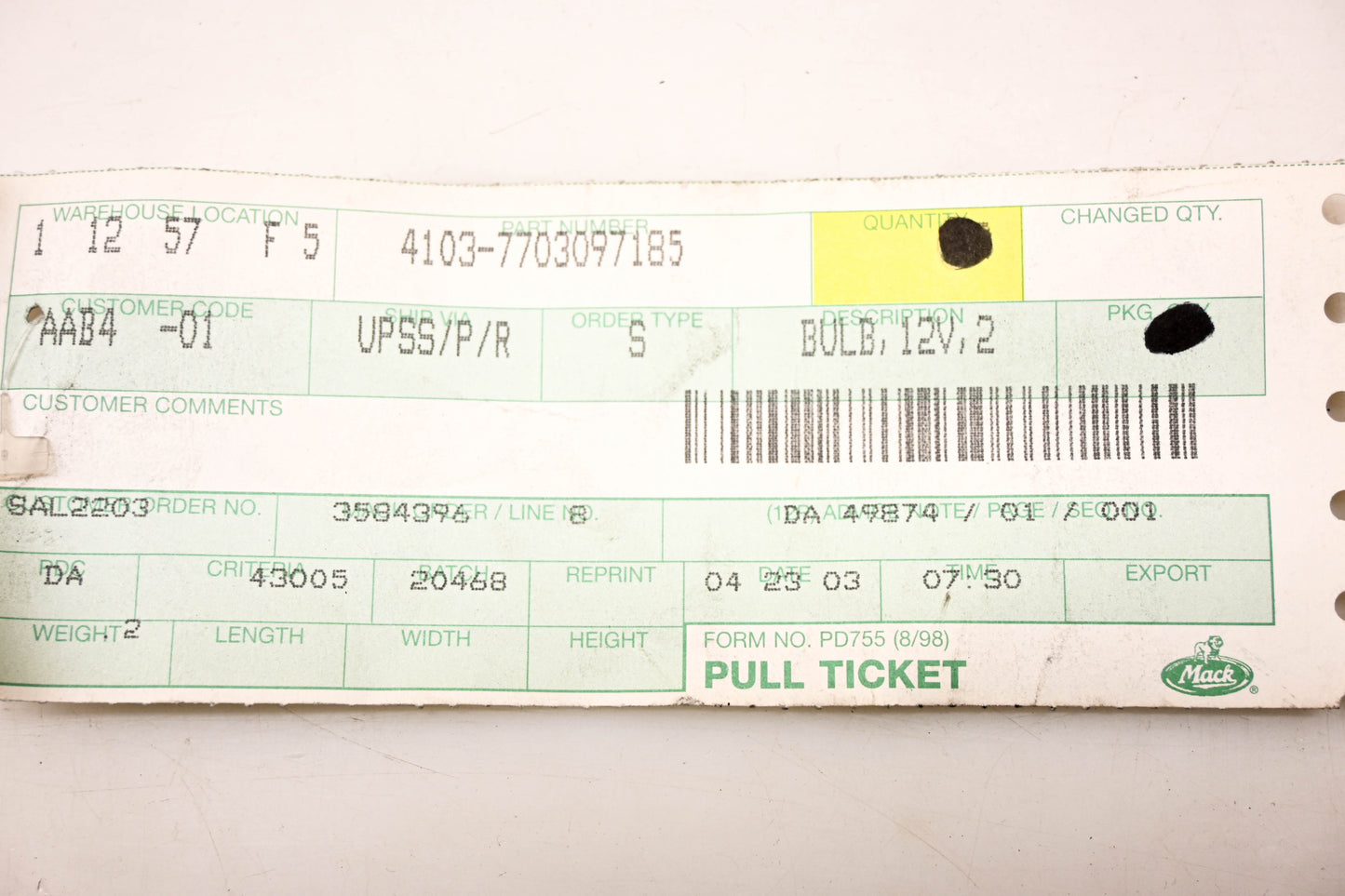 Mack 4103-7703097185, 7703097185 Renault 12V 2W Bulb NOS
