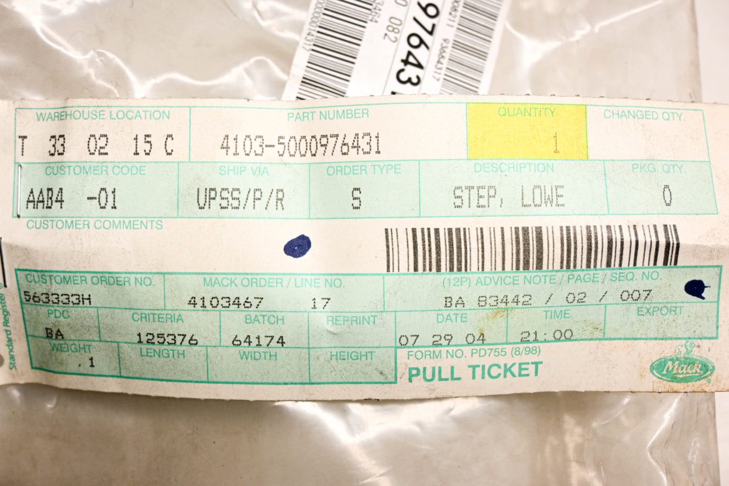 Mack 4103-5000976431 Lower Lefthand Step NOS