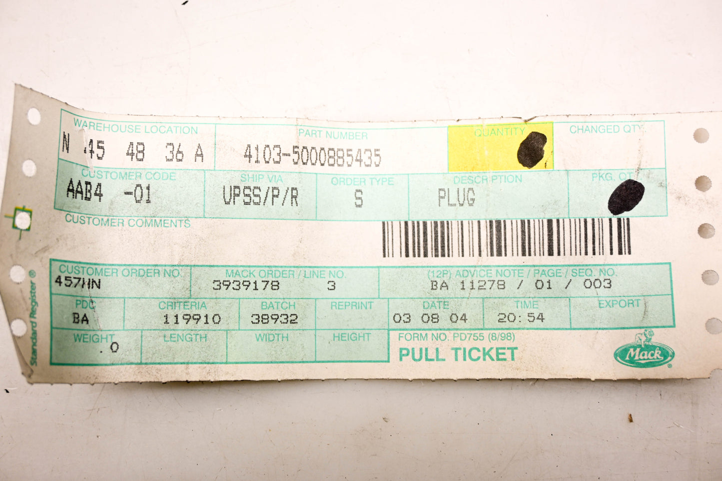 Mack 4103-5000885435, 5000885435 Renault Drain Plug NOS