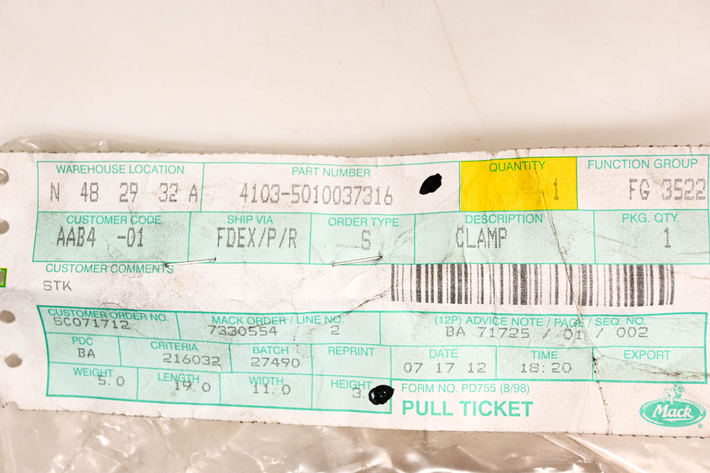 Mack 4103-5010037316, 5010037316 Renault Clamp NOS