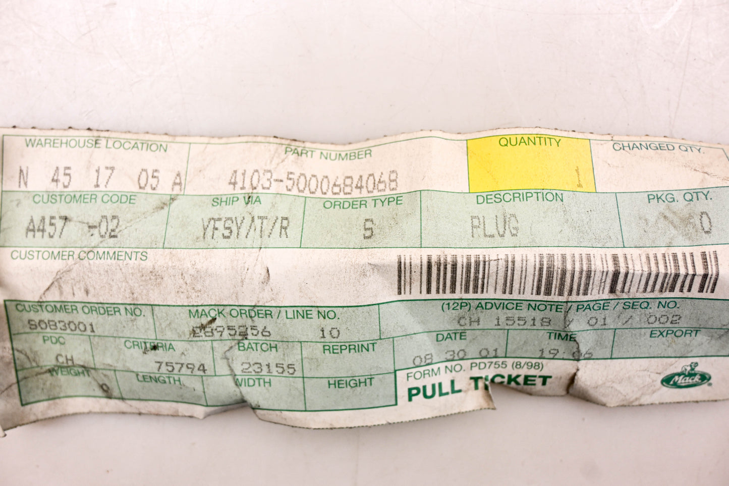 Mack 4103-5000684068, 5000684068 Plug NOS