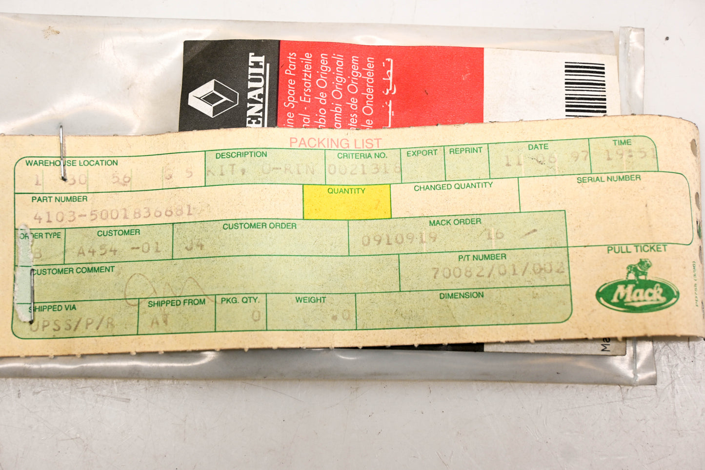 Mack 4103-5001836681, 5001836681 Renault Cylinder Head O-Ring Kit NOS