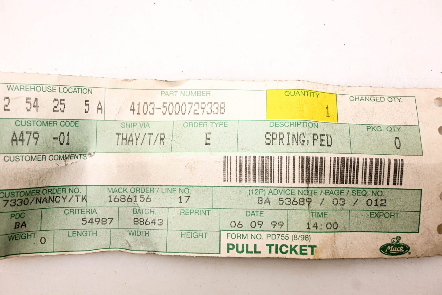 Mack 4103-5000729338, 5000729338 Pedal Spring NOS