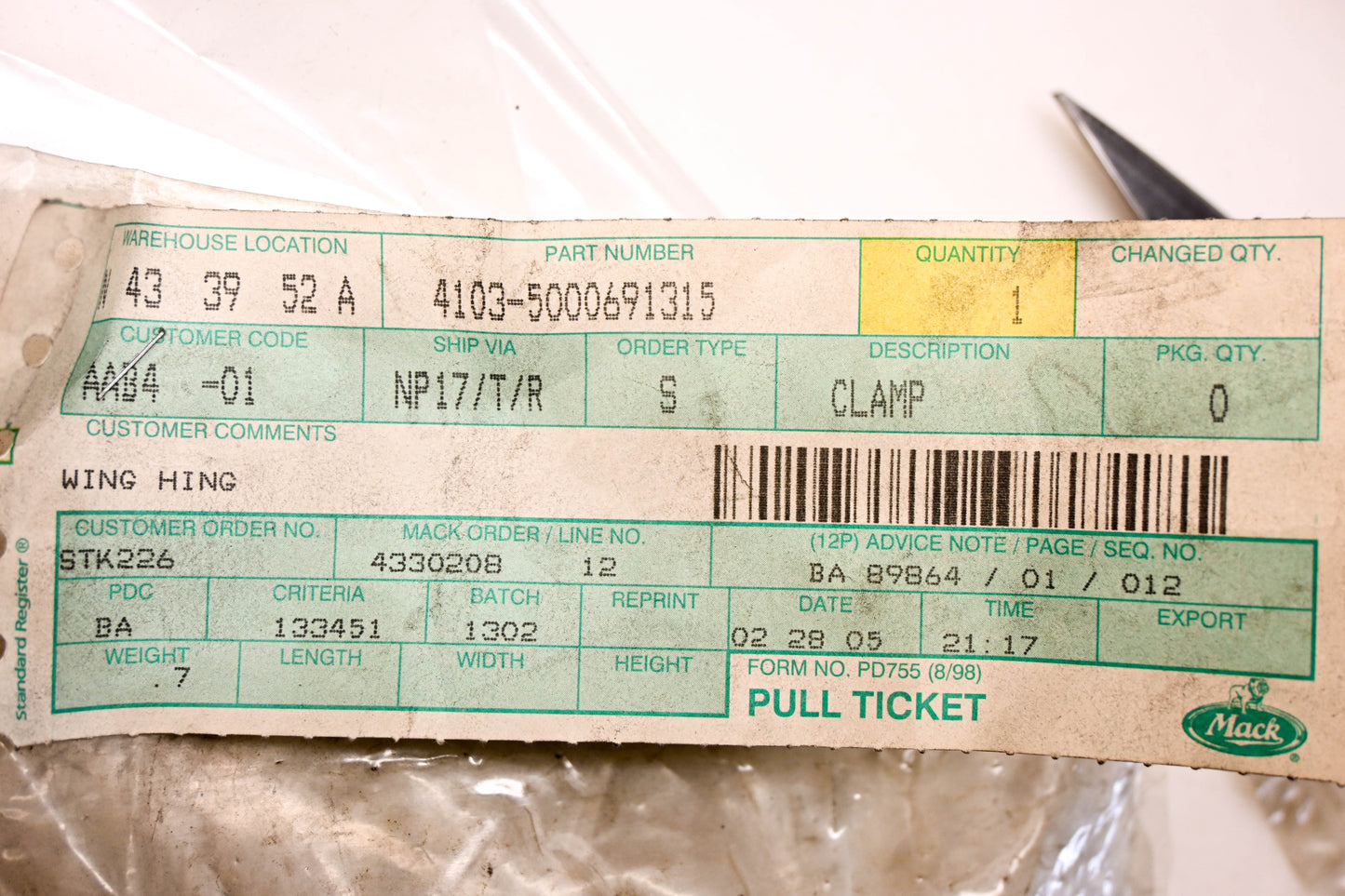 Mack 4103-5000691315, 5000691315 Clamp Bracket NOS
