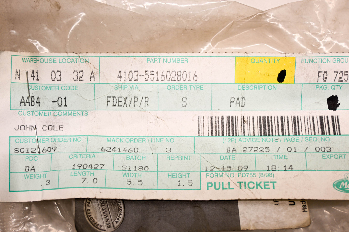 Mack 4103-5516028016, 5516028016 Renault Pedal Pad NOS