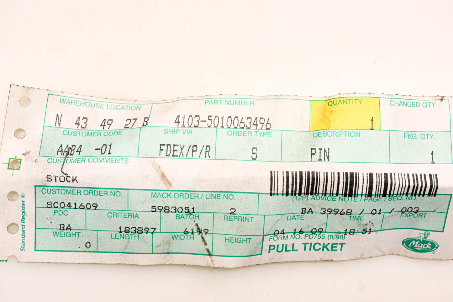 Mack 4103-5010063496, 5010063496 Renault Pin NOS
