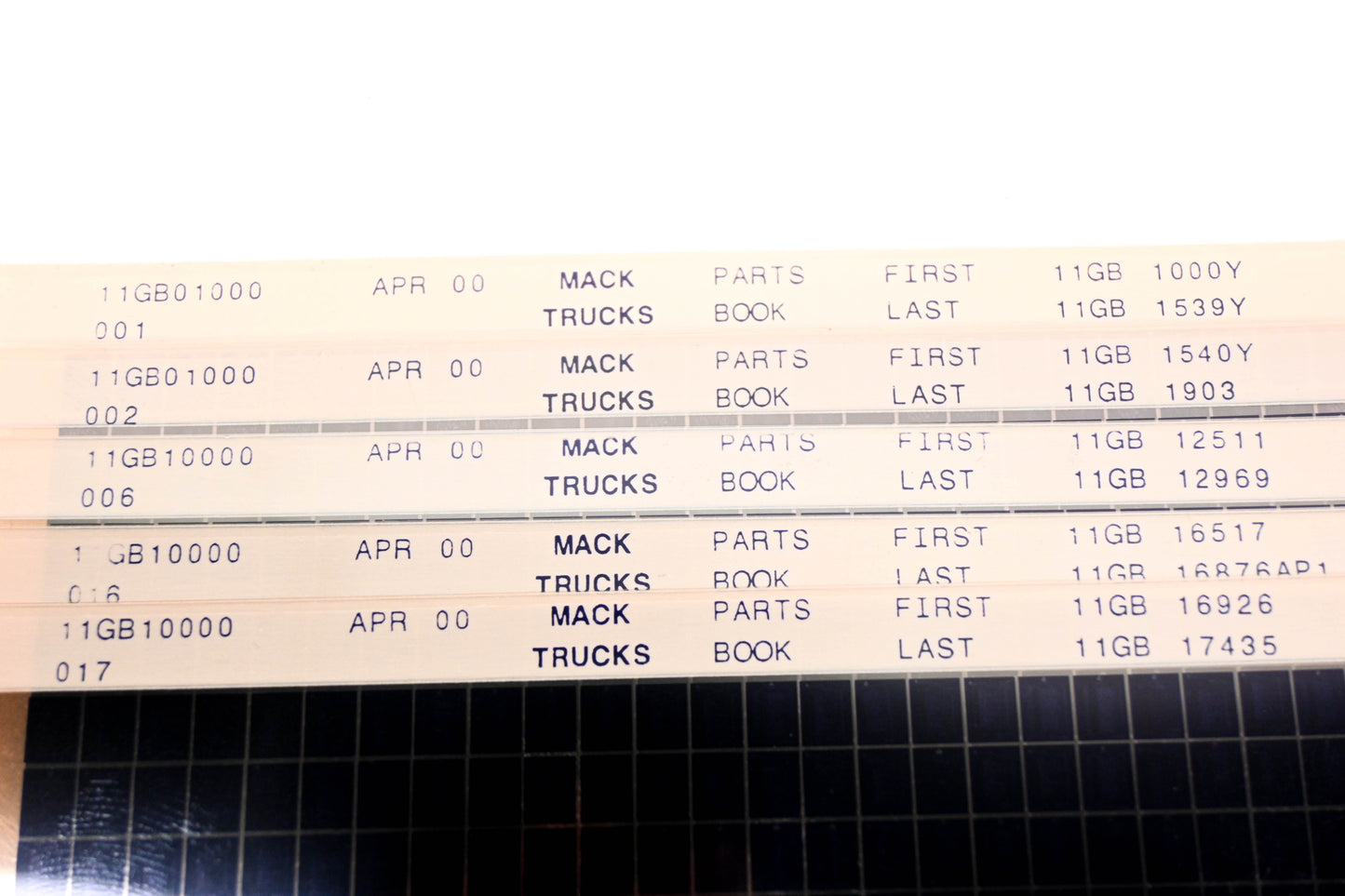 Mack 11GB01000 11GB1000Y - 11GB1903 Parts Microfiche Lot of 5 NOS