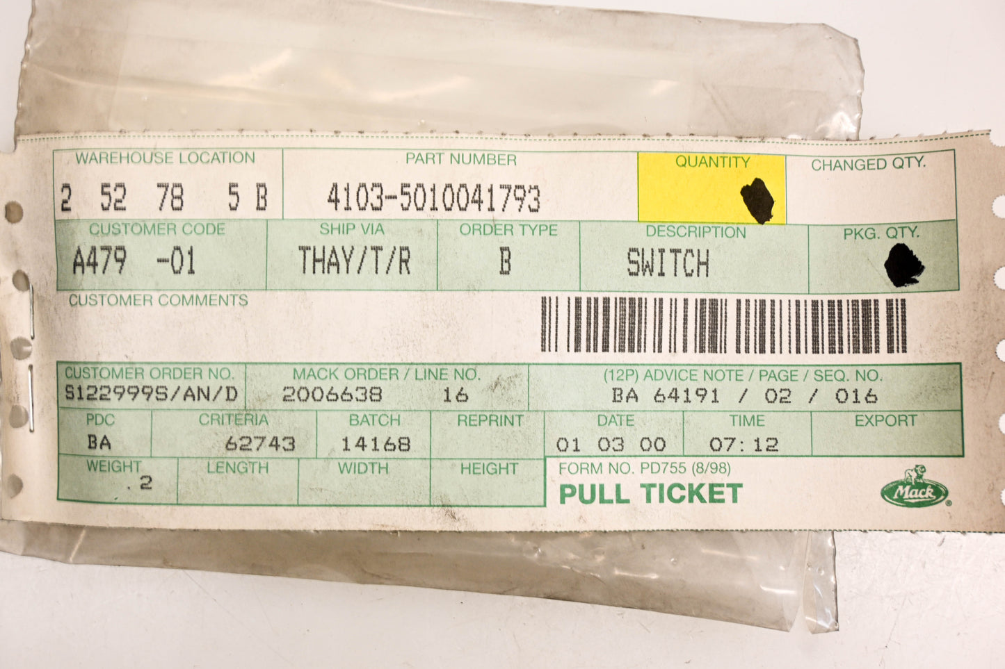 Mack 4103-5010041793, 5010041793 Renault Switch NOS