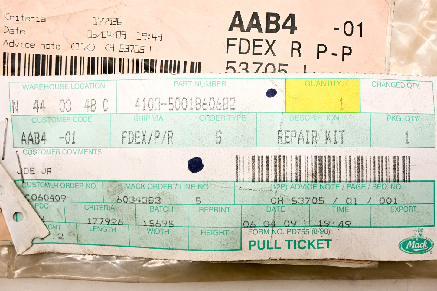Mack 4103-5001860682, 5001860682 Renault Repair Kit NOS
