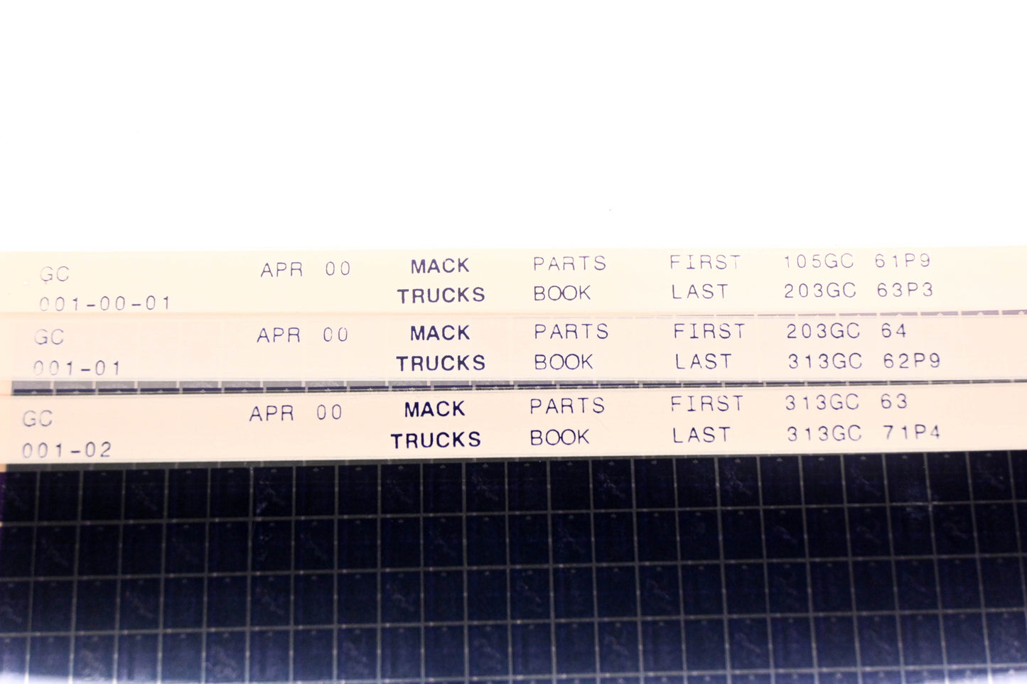 Mack GC001-00-01 105GC61P9 - 313GC71P4 Parts Microfiche Lot of 3 NOS