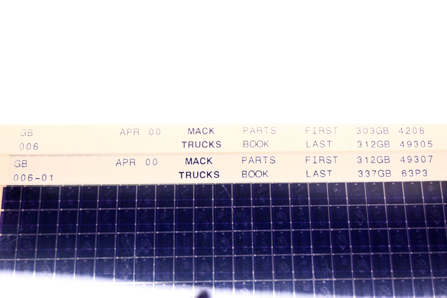 Mack GB006, GB006-01 303GB4208 - 337GB63P3 Parts Microfiche Lot of 2 NOS