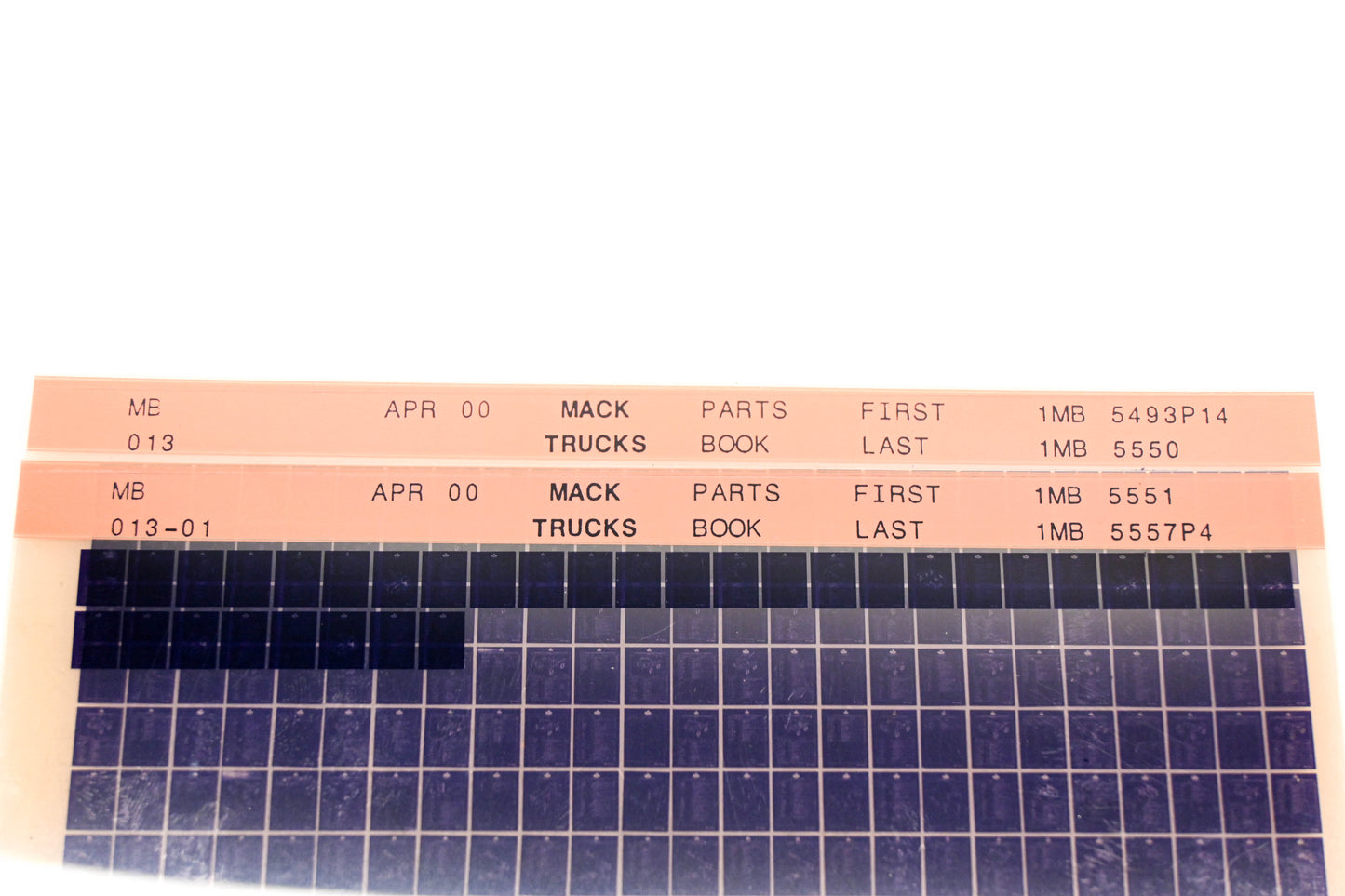 Mack MB013, MB013-01 aMB5493P14 - 1MB5557P4 Parts Microfiche Lot of 2 NOS
