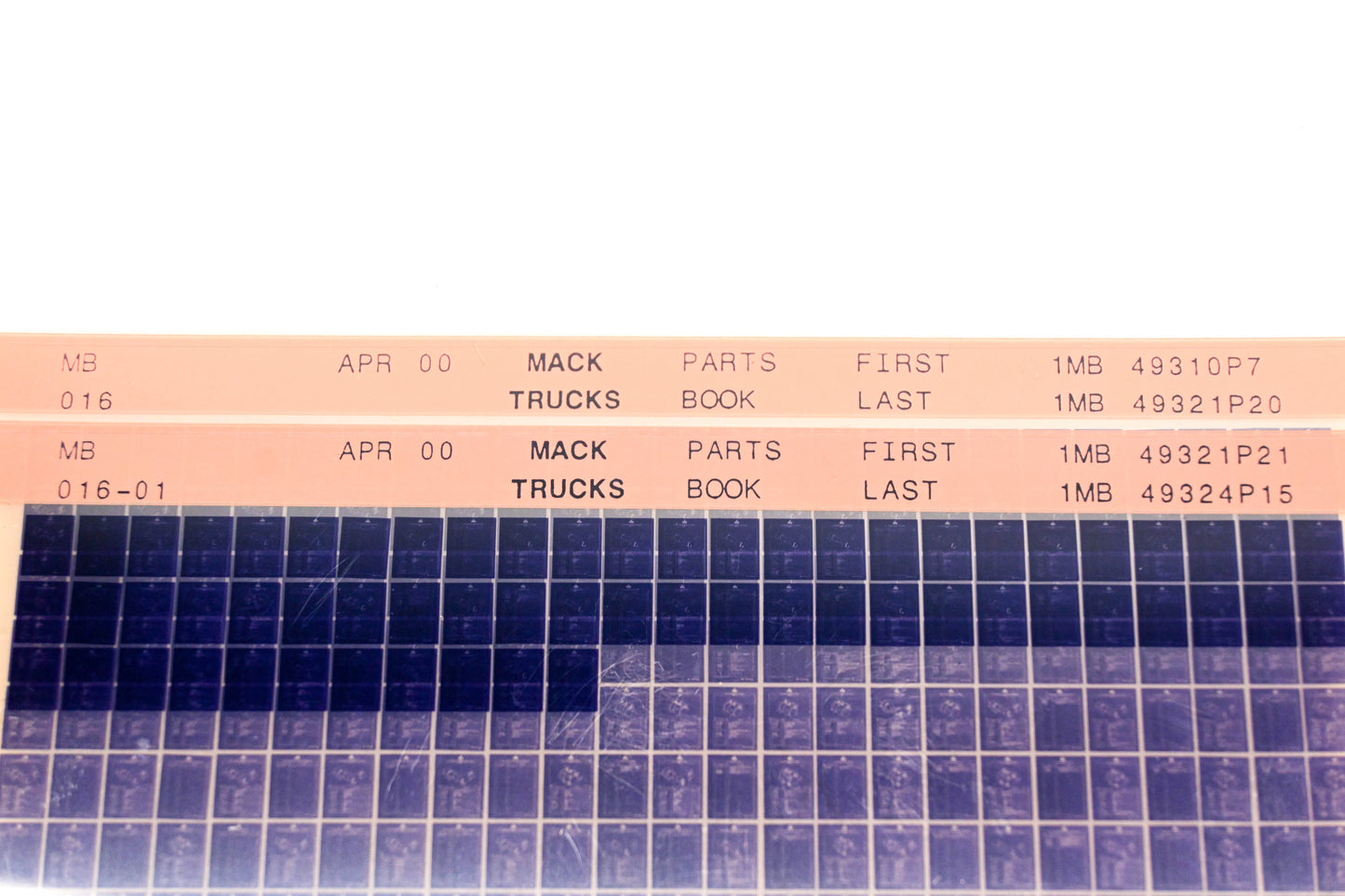 Mack MB016, MB016-01 1MB49310P7 - 1MB49324P15 Parts Microfiche Lot of 2 NOS