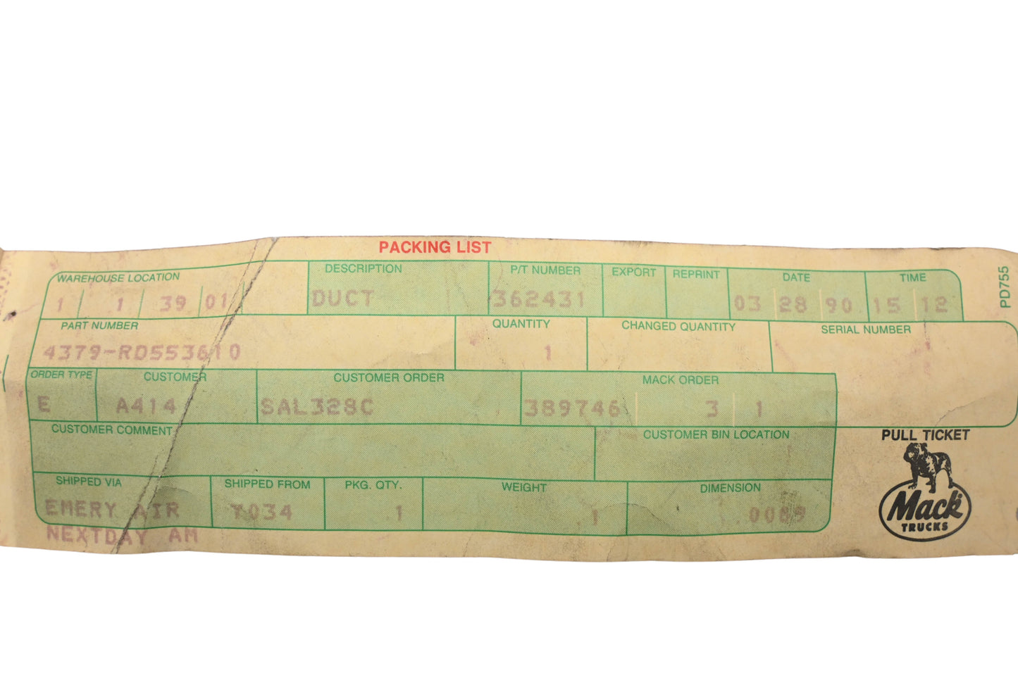 Mack 4379-RD553610, RD-5-5361-0 Red Dot Air Control Cylinder NOS