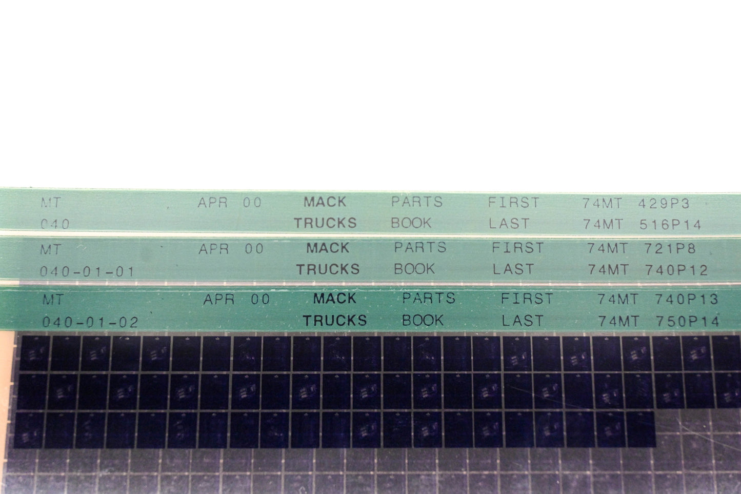 Mack MT040, MT040-01-01, MT040-01-02 74MT429P3 - 74MT750P14 Parts Microfiche Lot of 3 NOS