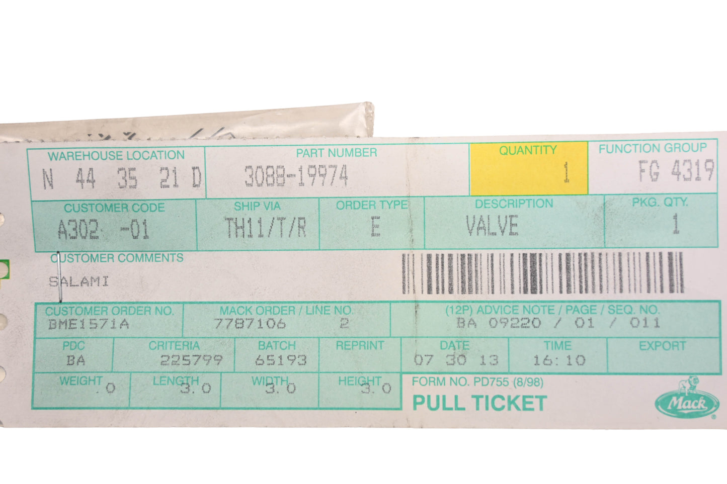 Mack 3088-19974 Eaton Fuller Insert Valve NOS