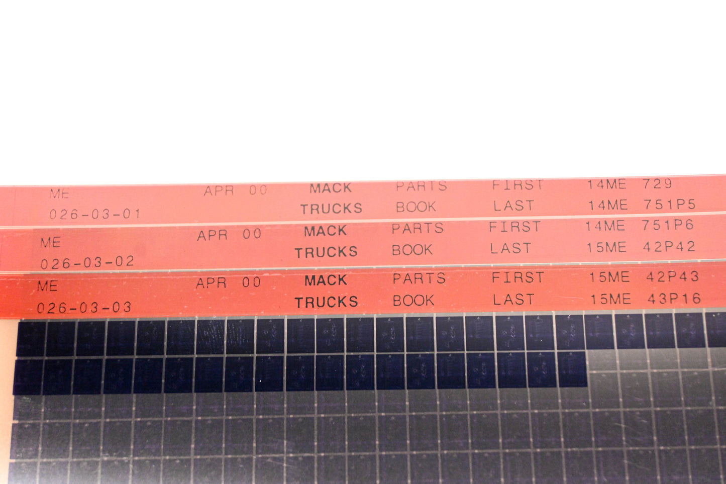 Mack ME026-03-01, ME026-03-02, ME026-03-03 14ME729 - 15ME43P16 Parts Microfiche Lot of 3 NOS