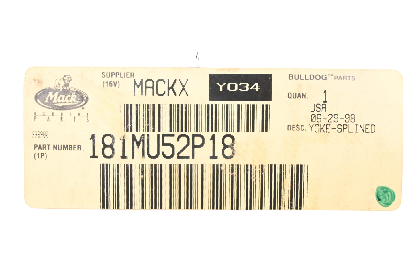 Mack 181MU52P18, M199806150156 6.5-4-2581 Splined End Yoke NOS