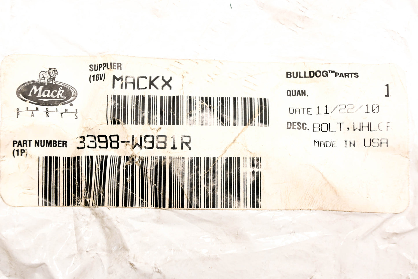 Mack 3398-W981R Wheel Stud NOS