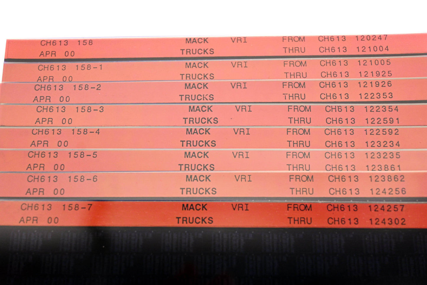 Mack CH613 158, CH613 158-1, CH613 158-7 CH613120247 - CH613124302 VRI Microfiche Lot of 8 NOS