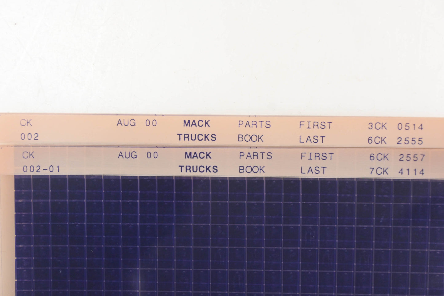 Mack CK002, CK002-01 3CK0514 - 7CK4114 Parts Book Microfiche Lot of 2 NOS