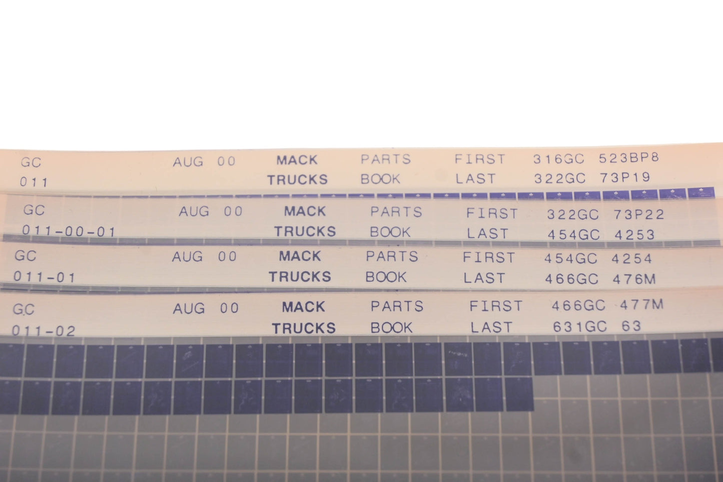 Mack GC011, GC011-00-01, GC11-02 Parts Book 316GC523BP8 - 631GC63 Microfiche Lot of 4 NOS