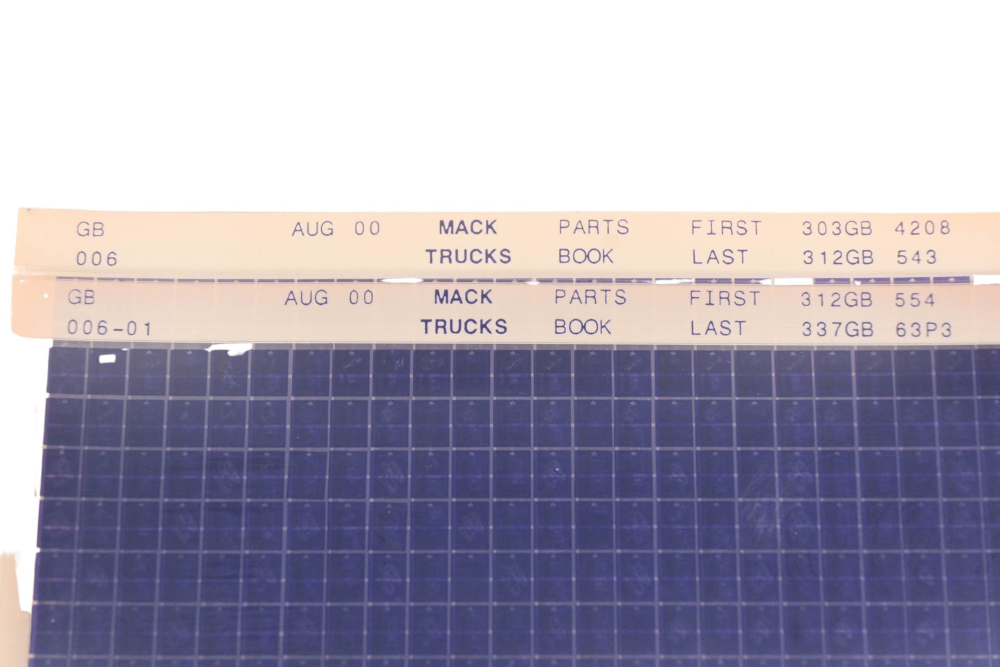 Mack GB006, GB006-01 Parts Book 303GB4208 - 337GB63P3 Microfiche Lot of 2 NOS