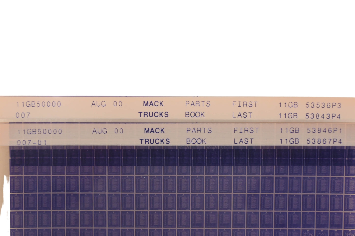 Mack 11GB50000 007, 11GB50000 007-01 Parts Book 11GB53536P3 - 11GB53867P4 Microfiche Lot of 2 NOS