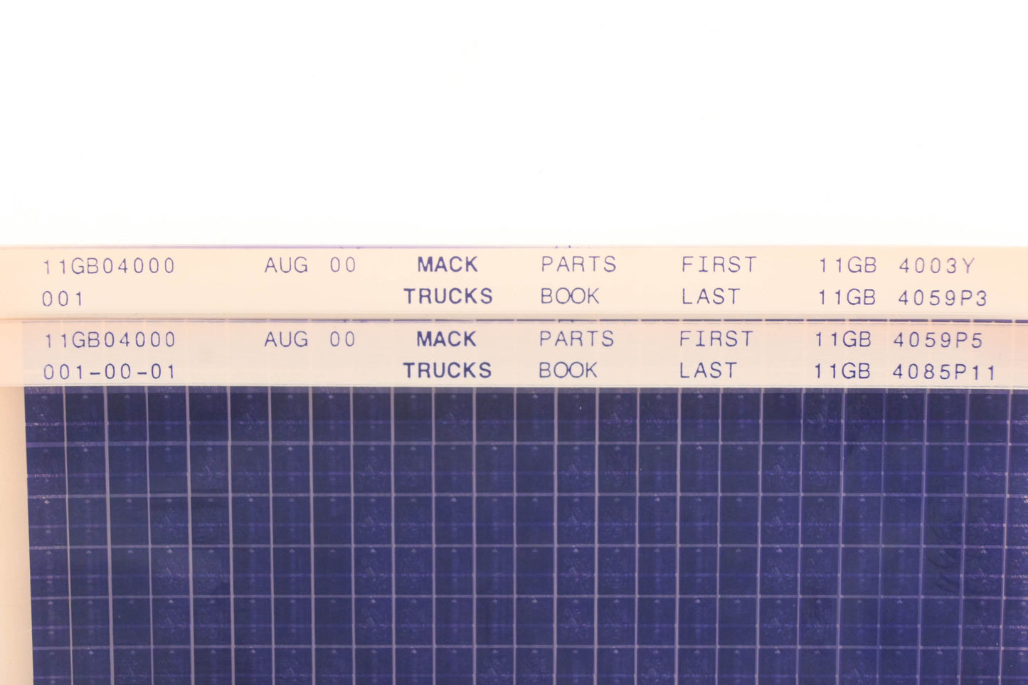 Mack 11GB04000 001, 11GB04000 001-00-01 Parts Book 11GB4003Y - 11GB4085P11 Microfiche Lot of 2 NOS