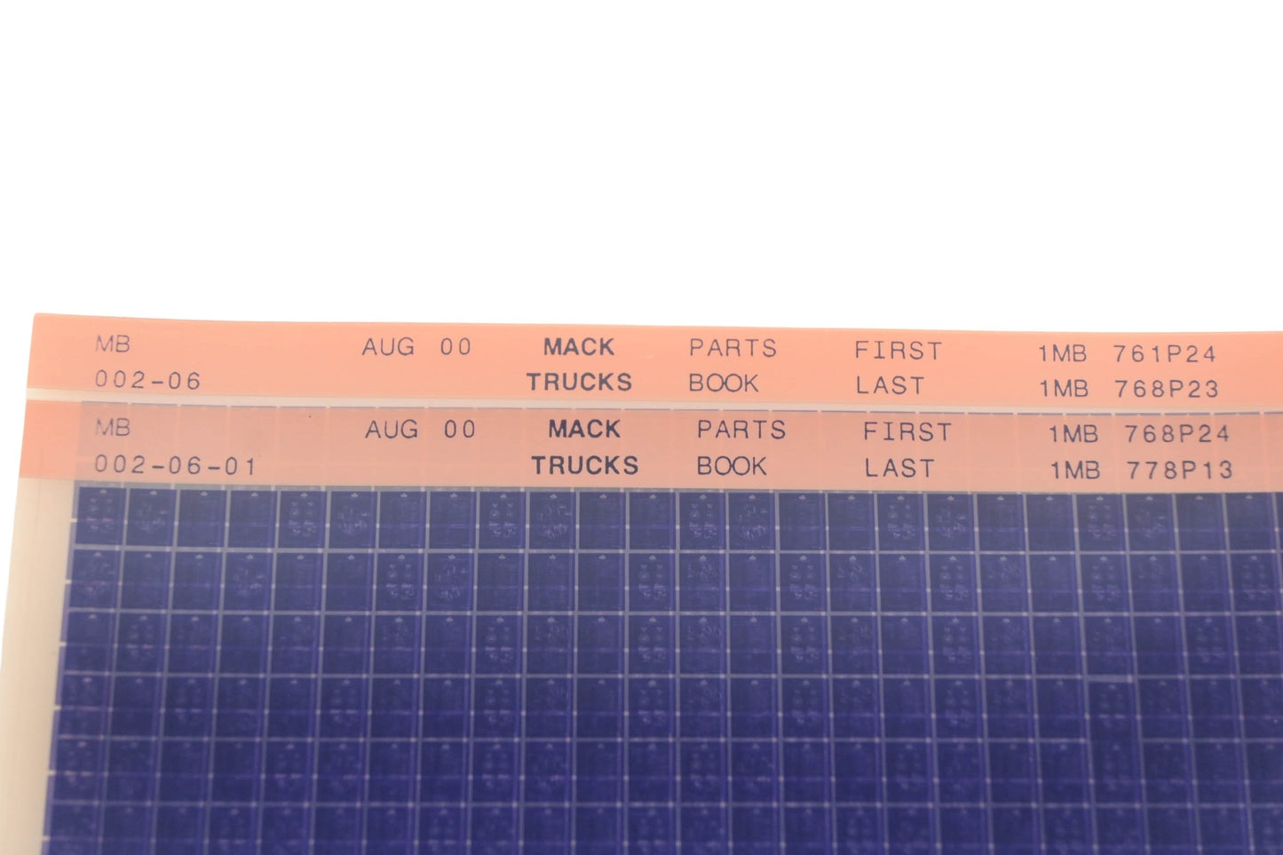 Mack MB002-06, MB002-06-01 Parts Book 1MB761P24 - 1MB778P13 Microfiche Lot of 2 NOS