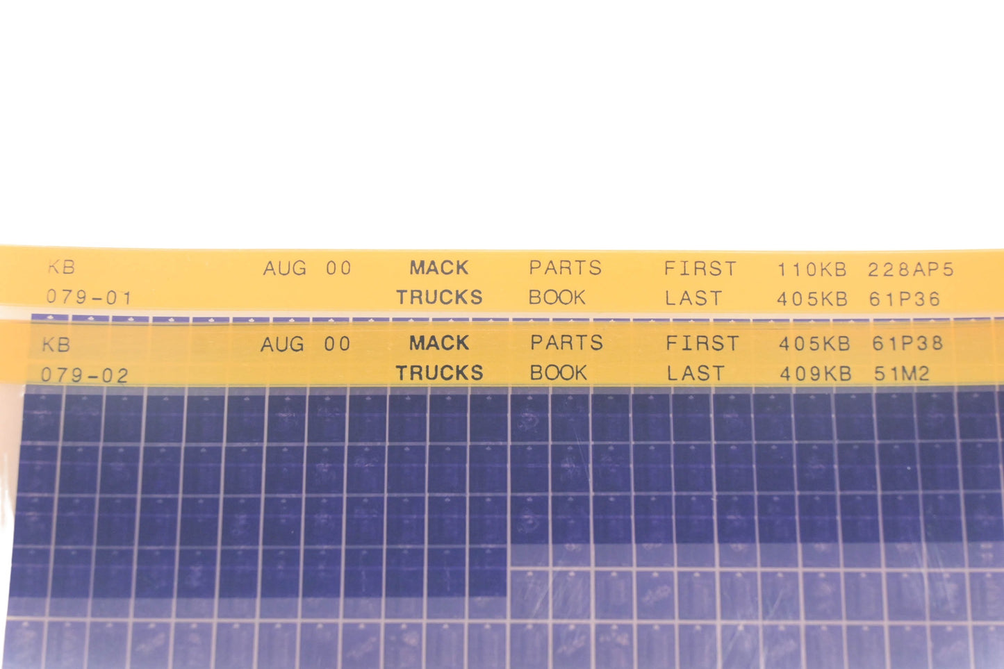 Mack KB079-01, KB079-02 Parts Book 110KB228AP5 - 409KB51M2 Microfiche Lot of 2 NOS