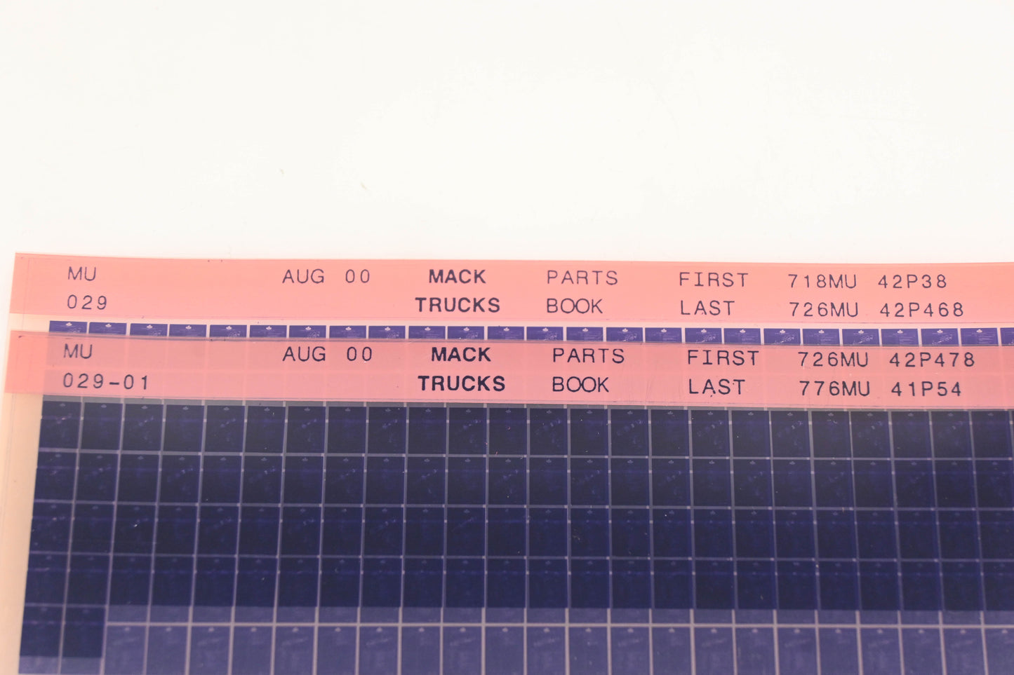 Mack MU029, MU029-01 Parts Book 718MU43P38 - 776MU41P54 Microfiche Lot of 2 NOS