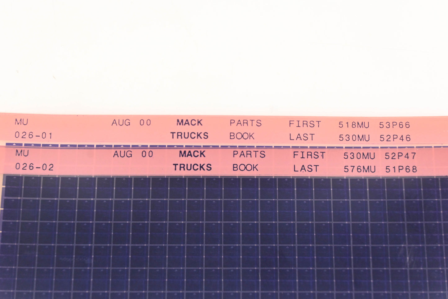 Mack MU026-01, MU026-02 Parts Book 5189MU53P66 - 576MU51P68 Microfiche Lot of 2 NOS