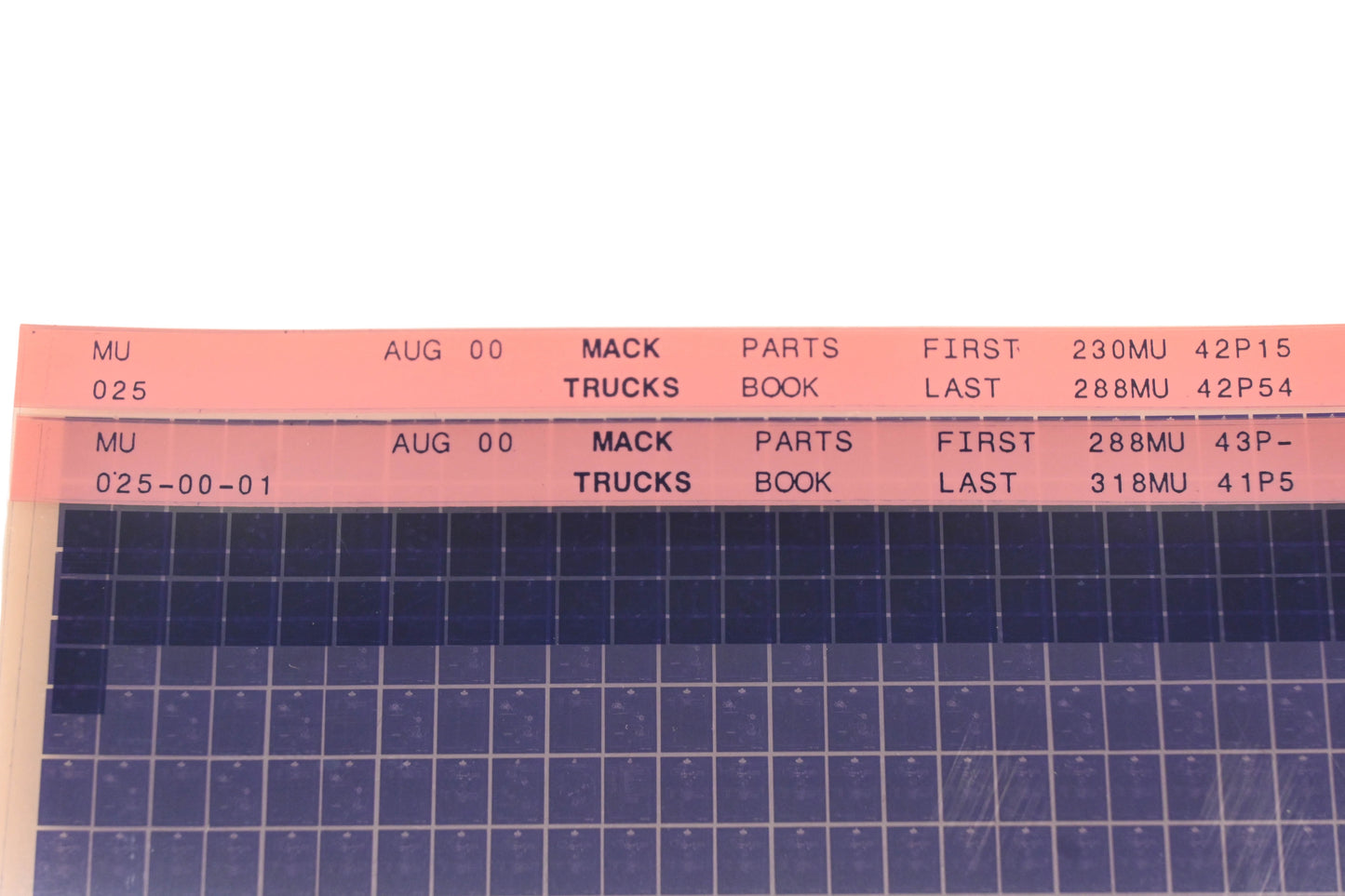 Mack MU025, MU025-00-01 Parts Book 230MU42P15 - 318MU41P5 Microfiche Lot of 2 NOS