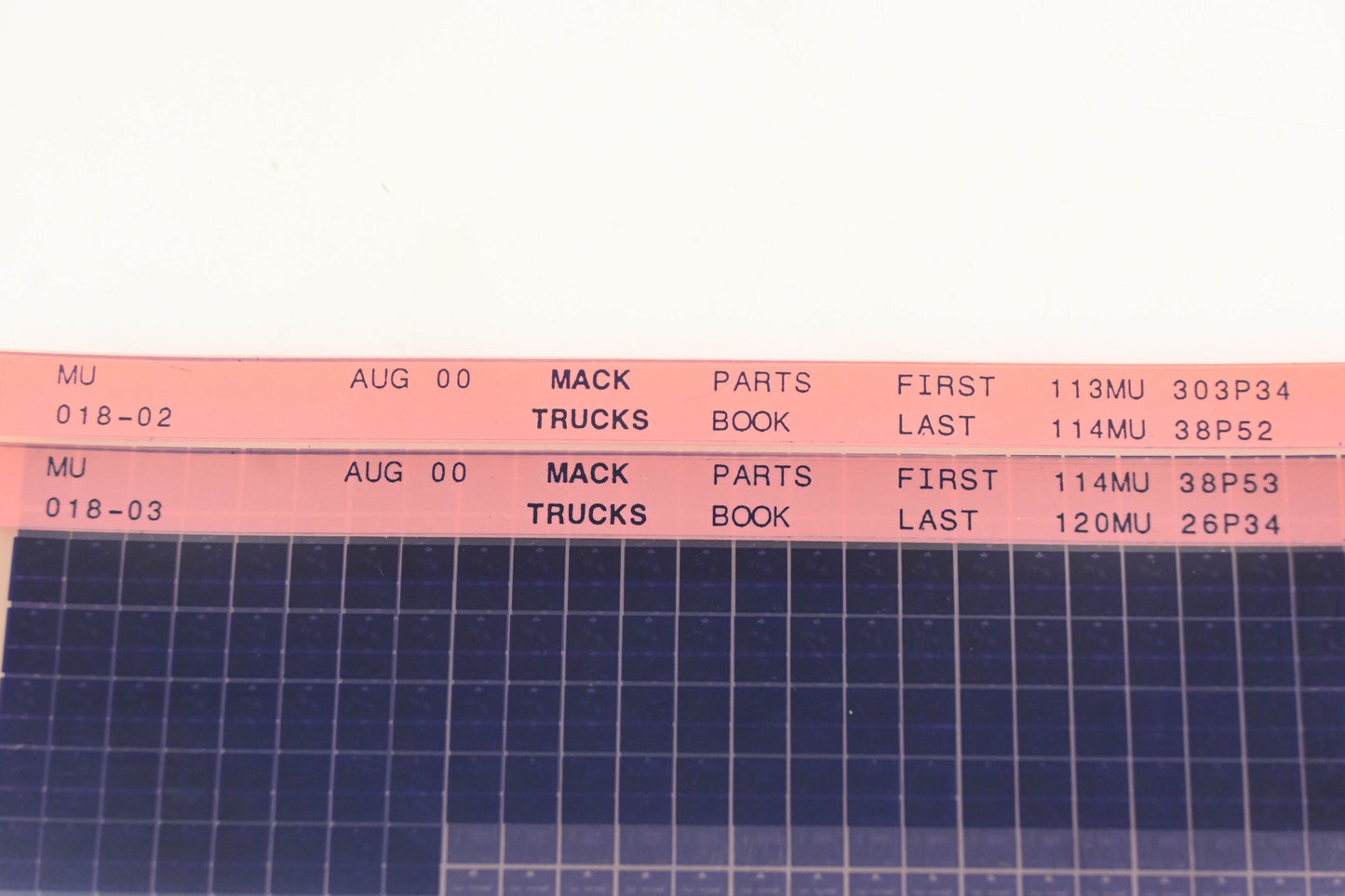 Mack MU018-02, MU018-03 Parts Book 113MU303P34 - 120MU26P34 Microfiche Lot of 2 NOS
