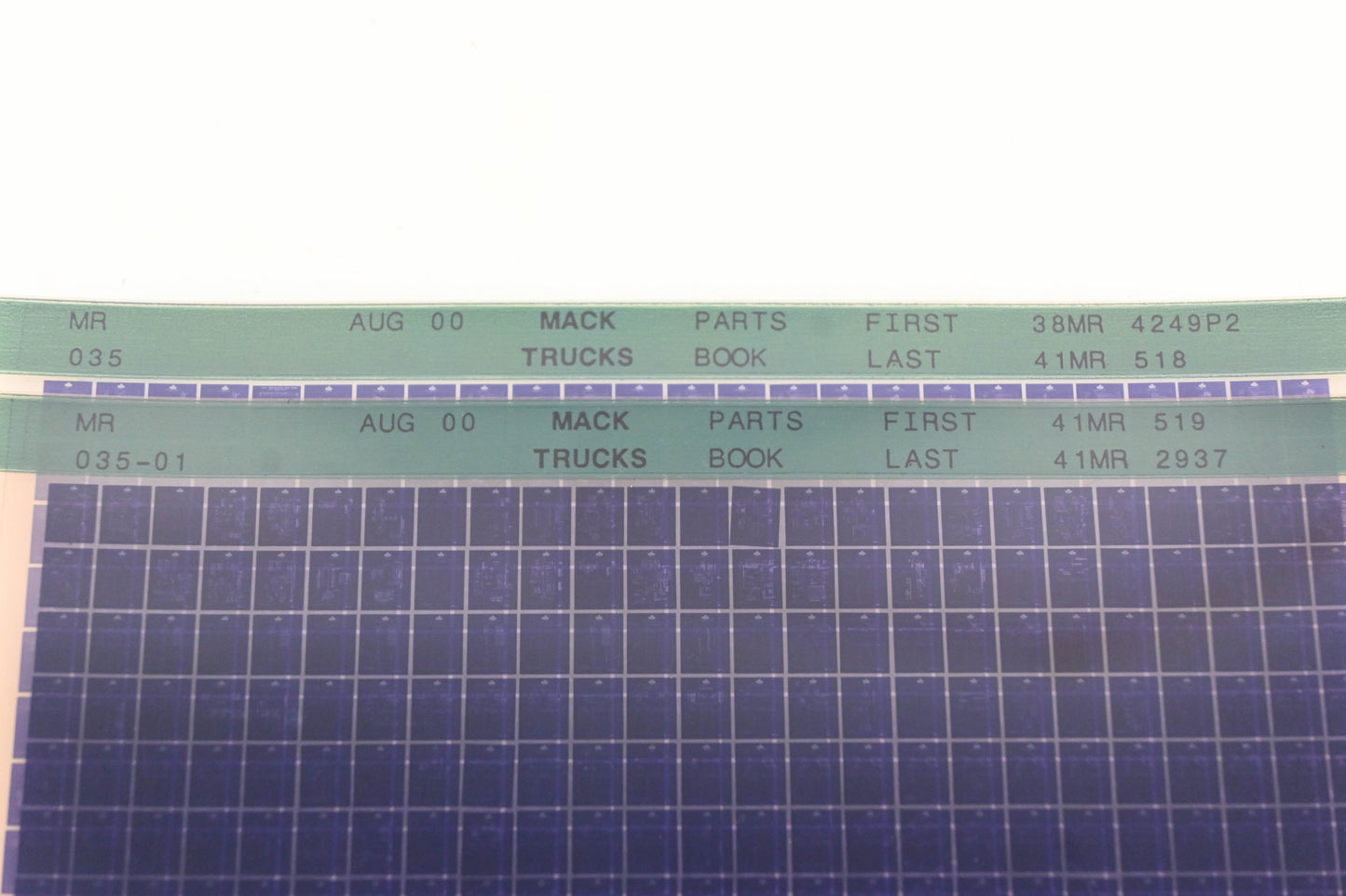 Mack MR035, MR035-01 Parts Book 387MR4249P2 -41MR2937 Microfiche Lot of 2 NOS