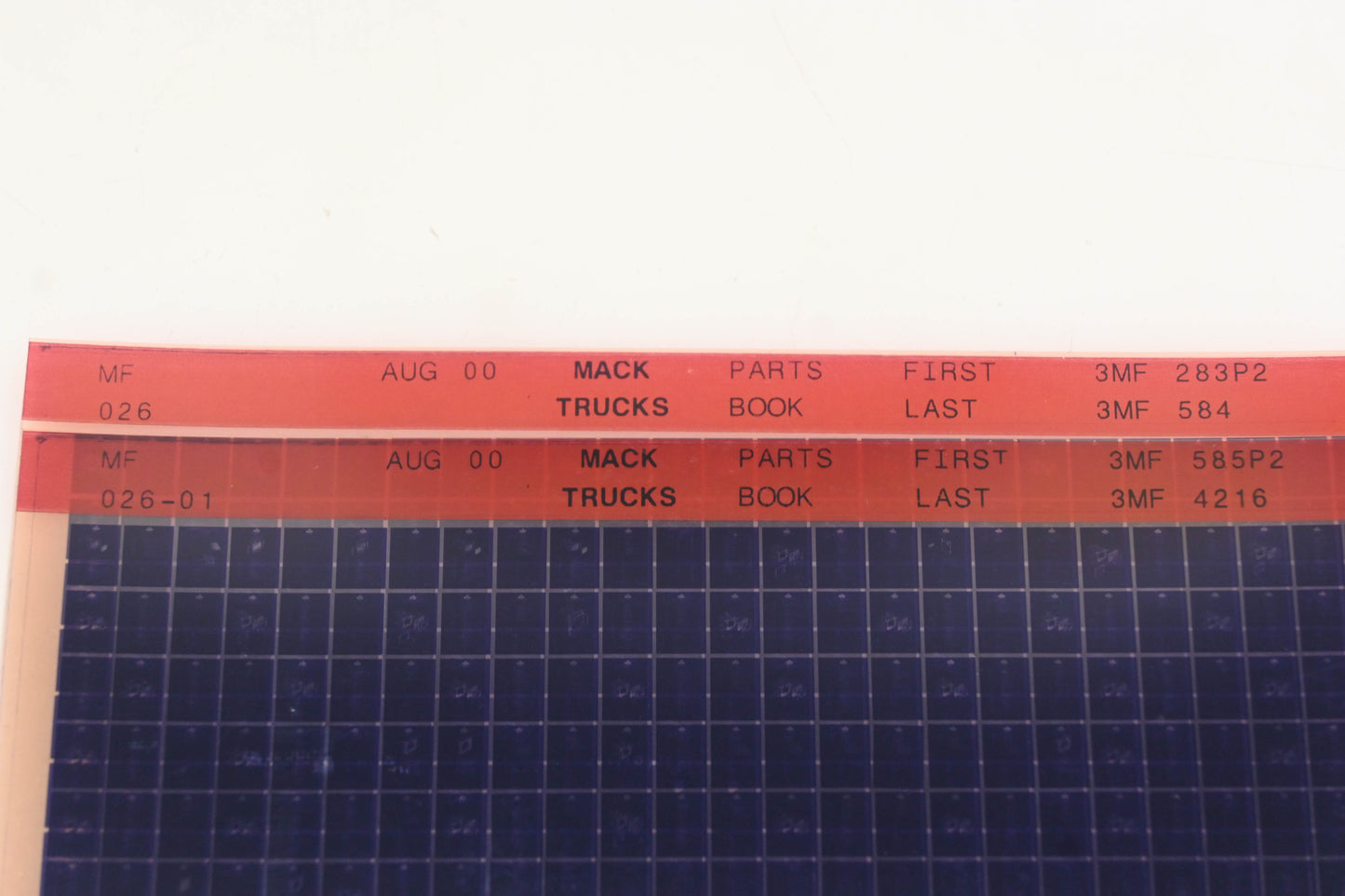 Mack MF026, MF026-01 Parts Book 3MF283P2 - 3MF4216 Microfiche Lot of 2 NOS