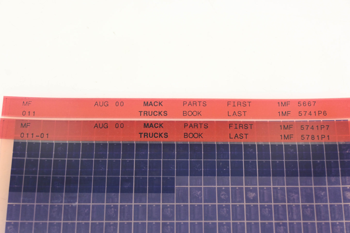 Mack MF011, MF011-01 Parts Book 1MF5667 - 1MF5781P1 Microfiche Lot of 2 NOS