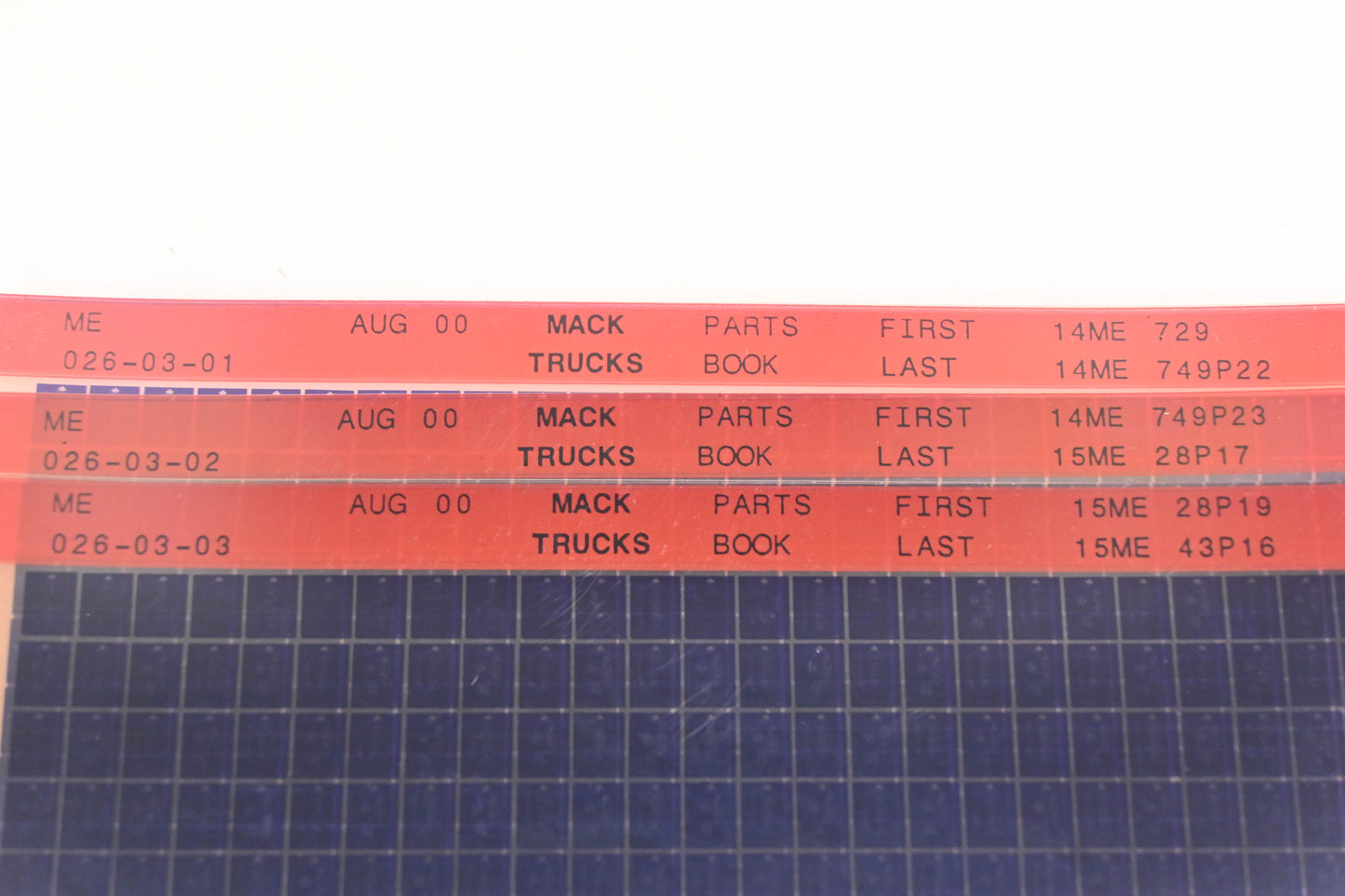 Mack ME026-03-01, ME026-03-02, ME026-03-03 Parts Book 14ME729 -15ME43P16 Microfiche Lot of 3 NOS