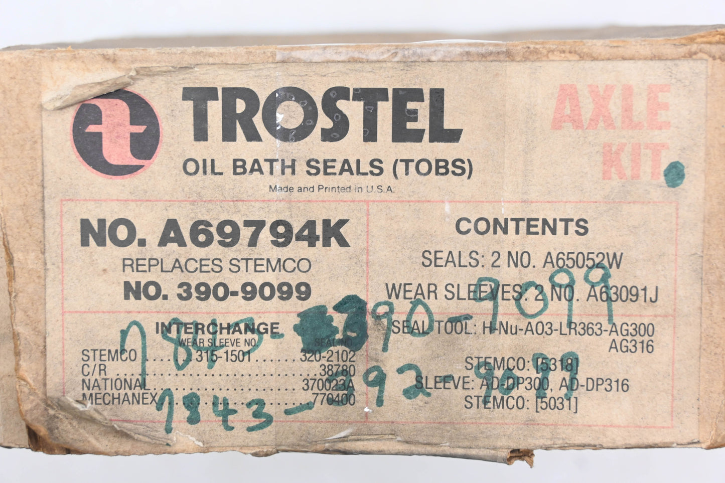 Trostel A69794K, 390-9099, 7843-392-9099 Axle Hub Seals & Sleeve NOS