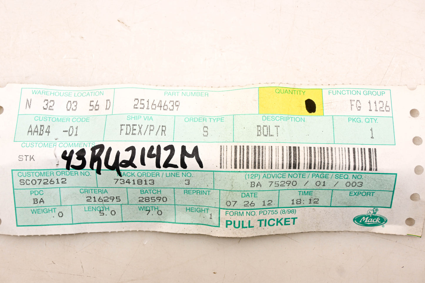 Mack 25164639, 43RU2142M Volvo Flanged Shoulder Bolt NOS