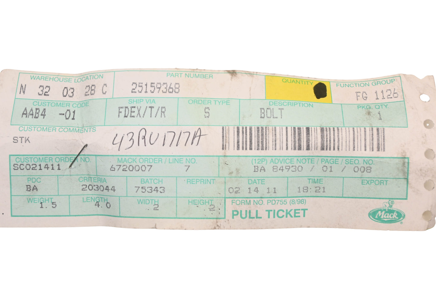 Mack 25159368, 43RU1717A Stud NOS
