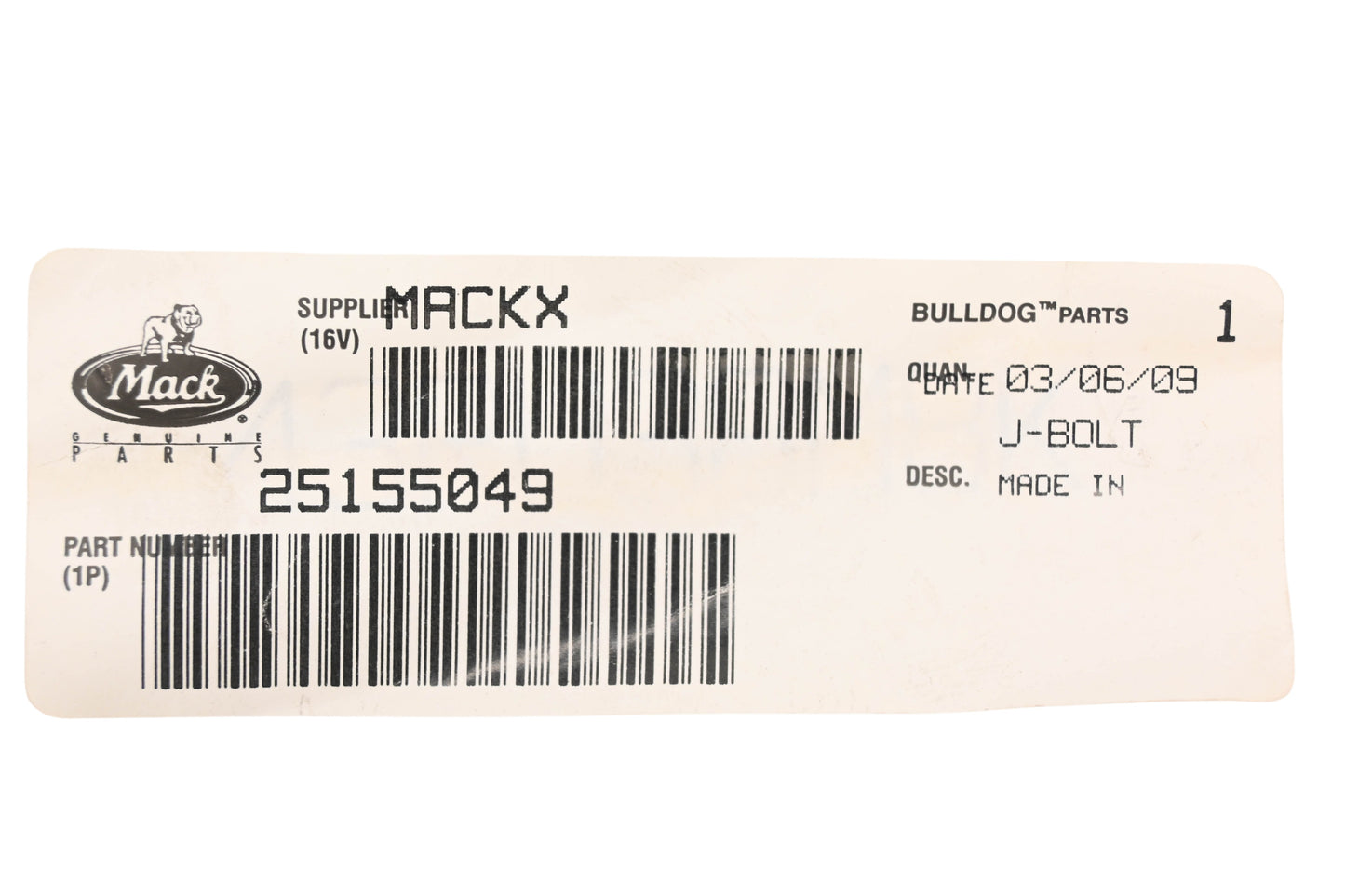 Mack 25155049, 43RU38M8K J-Bolt NOS