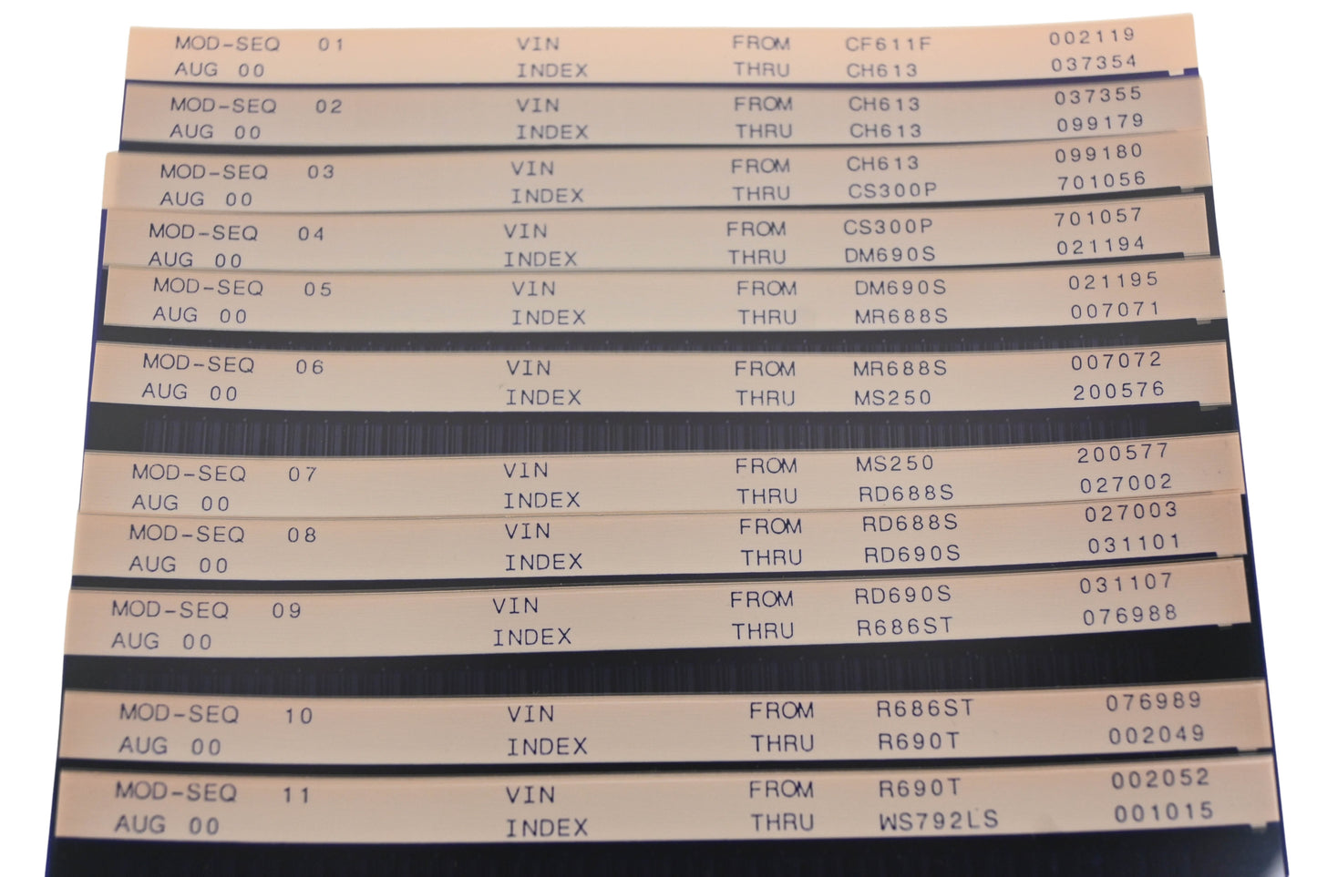 Mack MOD-SEQ 01, MOD-SEQ 02, MOD-SEQ 11 Vin Index CF611F002119 - WS792LS001015 Microfiche Lot of 11 NOS