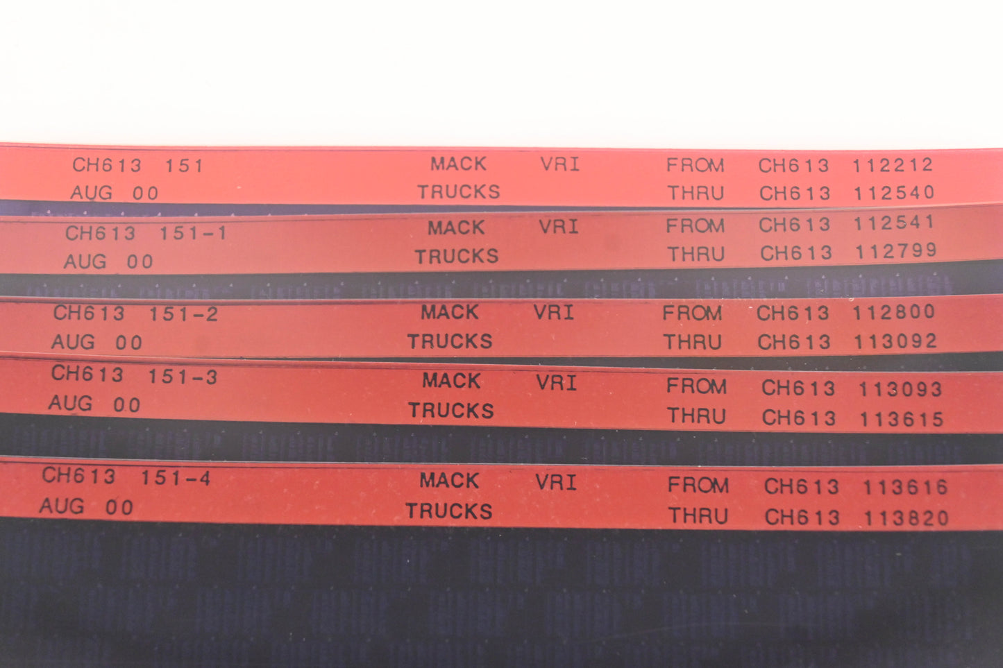 Mack CH613 151, CH613 151-1, CH613 151-4 CH613112212 - CH613113820 VRI Microfiche Lot of 5 NOS