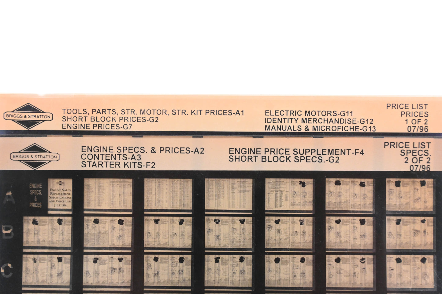 OEM Briggs & Stratton AN002-158 Engine Specs & Price List Rev:7/96 Microfiche Lot