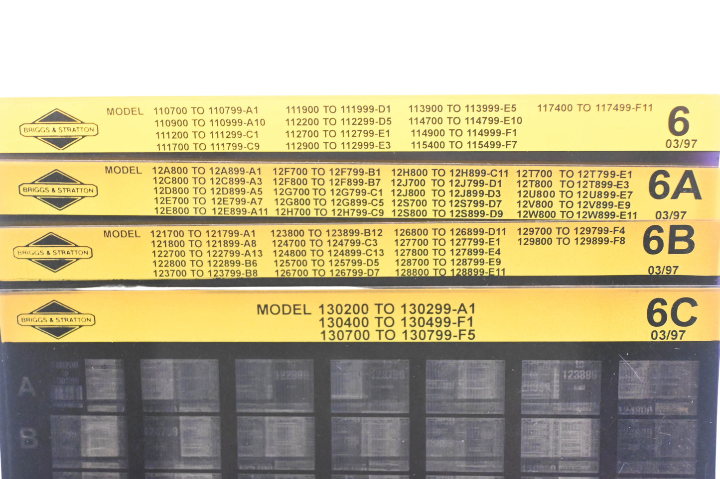 OEM Briggs & Stratton 6, 6A, 6C Model Info Rev:3/97 Microfiche Lot