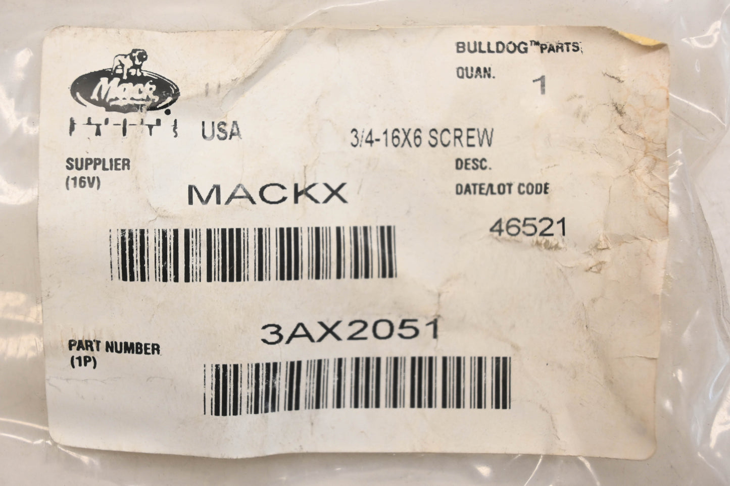 Mack 3AX2051 Screw 3/4-16x6 NOS