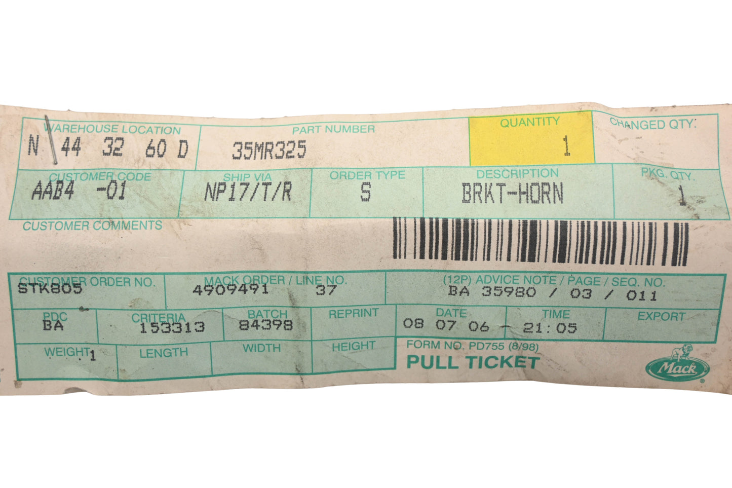 Mack 35MR325, 25157566 Horn Bracket NOS