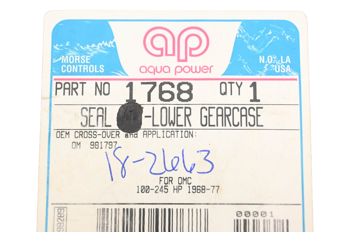 Aqua Power 1768, 18-2663 Lower Gearcase Gasket NOS